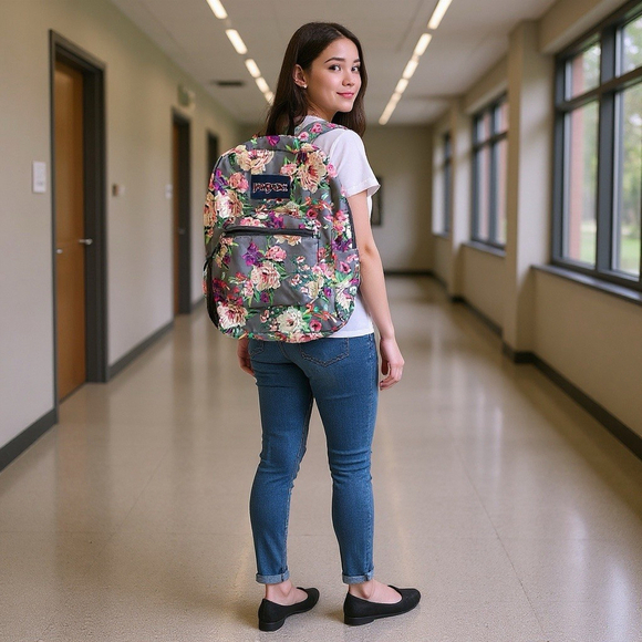 JanSport Handbags - JanSport Cross Town School Backpack With Front Pocket Grey Bouquet Floral Print